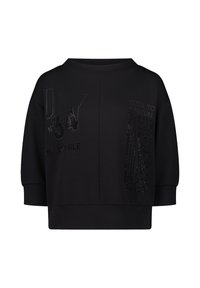 Sweatshirt noir à coupe ample, avec un col rond, des manches 3/4, un texte imprimé texturé et des accents de strass décoratifs.
