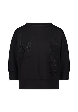 Schwarzer Sweatshirt mit lockerer Passform, runder Ausschnitt, 3/4-Ärmeln, strukturiertem Drucktext und dekorativen Strass-Akzenten.
