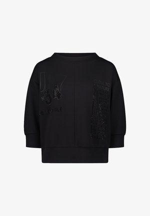 Schwarzer Sweatshirt mit lockerer Passform, runder Ausschnitt, 3/4-Ärmeln, strukturiertem Drucktext und dekorativen Strass-Akzenten.