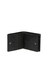 Fekete bőr pénztárca, belső kártyahellyel, patentos záródással és sima felülettel. Több kártyatartó rekesszel rendelkezik.