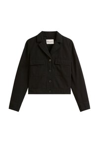 Zwarte cropped jas met lange mouwen, knoopsluiting aan de voorkant, twee borstzakken en een kraag. Gemaakt van lichtgewicht stof met een gladde textuur.