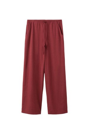Pantaloni a gamba larga e vestibilità ampia di colore rosso scuro con vita elastica e tasche laterali, mostrati su uno sfondo bianco semplice.