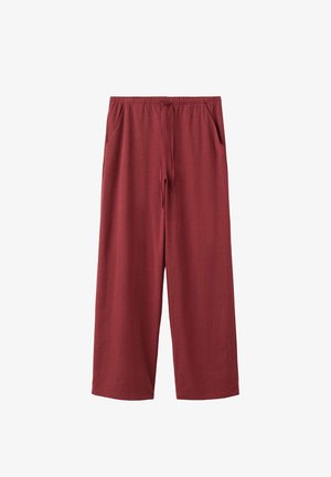 Pantaloni a gamba larga e vestibilità ampia di colore rosso scuro con vita elastica e tasche laterali, mostrati su uno sfondo bianco semplice.