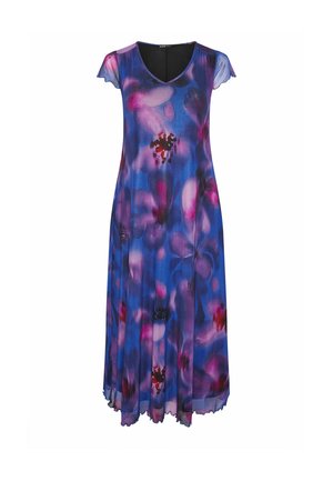 Blå og lilla blomster maxi-kjole med korte ærmer, V-udskæring og et flydende, let gennemsigtigt stof.