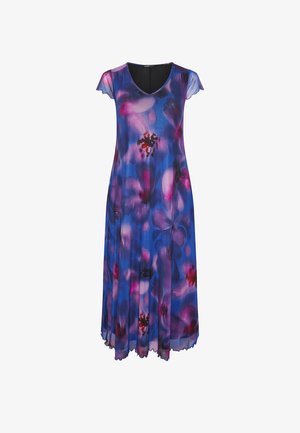Blaues und lilafarbenes Maxikleid mit Blumenmuster, Cap-Ärmeln, V-Ausschnitt und einem fließenden, leicht transparenten Stoff.