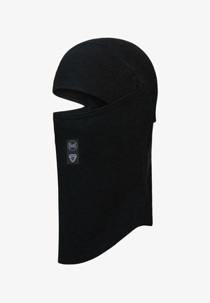 Black balaclava made of soft fabric with a snug fit, featuring an opening for the face and a logo tag on the side.