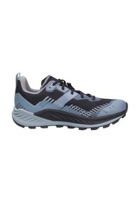 Trailrun-Schuhe mit einem grauen und schwarzen Obermaterial, das geometrische Muster aufweist, einer strukturierten Zwischensohle und einer langlebigen schwarzen Gummisohle.