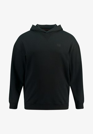 Czarny bluz z kapturem z teksturowanym dekoltem w kształcie V, długimi rękawami, ściągaczami przy rękawach i na dolnej krawędzi, z małym logo na piersi. Miękka tkanina.