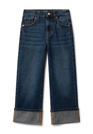 Dunkelblaue, umgekrempelte, gerade geschnittene Jeans aus Denim mit vorderen und Münztaschen sowie sichtbaren orangen Nähten.