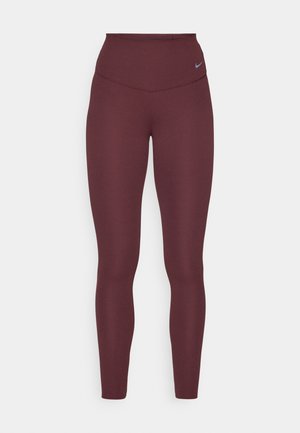 Leggings bordeaux taille haute en tissu lisse et extensible, avec un petit logo noir sur la ceinture, conçus pour le confort et la flexibilité.