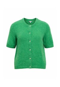 Cardigan court vert à manches courtes en maille, col rond et six boutons à l'avant, fabriqué en tissu doux et texturé.