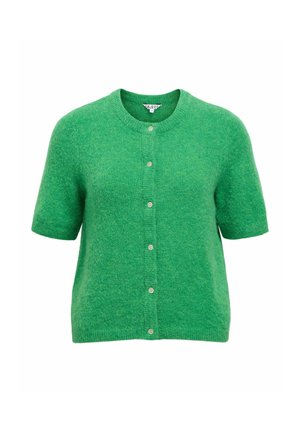 Grüne Strickjacke mit kurzen Ärmeln, rundem Ausschnitt und sechs Knöpfen auf der Vorderseite, aus weich strukturiertem Stoff gefertigt.