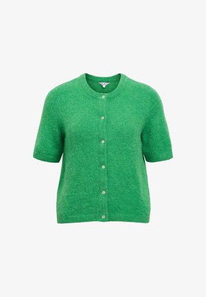 Grüne Strickjacke mit kurzen Ärmeln, rundem Ausschnitt und sechs Knöpfen auf der Vorderseite, aus weich strukturiertem Stoff gefertigt.