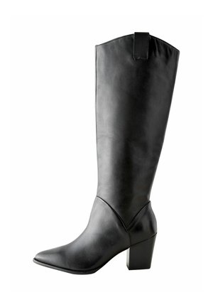 Black leather knee-high boot with a pointed toe, block heel, and a seam detail near the ankle. Features a pull tab at the top for ease of wear.