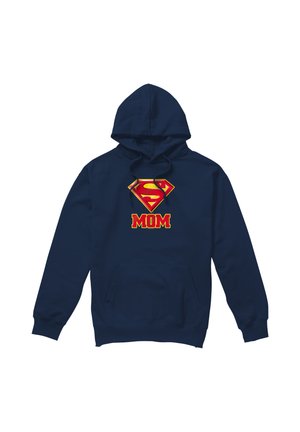 Navy blue hoodie with front pouch pocket and red and yellow Superman-style emblem above the word "MOM" in bold letters.