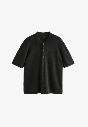 Black short-sleeve polo shirt made of textured fabric, featuring a button-up front and a chest pocket. Buttons are dark and glossy.