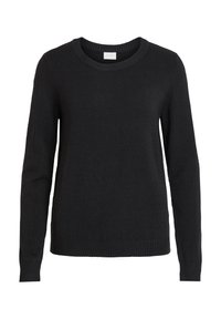 Czarny sweter z długimi rękawami, okrągłym dekoltem oraz ściągaczami przy mankietach i u dołu. Wykonany z miękkiej, fakturowanej tkaniny.