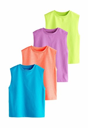 Fire skjorteløse T-shirts i livlige farver: blå, orange, lilla og neongrøn. Lavet af blød bomuld med rund halsudskæring.