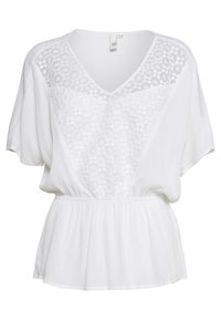 Blusa bianca con maniche corte, scollatura a V e dettagli in pizzo sul davanti. Tessuto morbido con vita arricciata per una vestibilità rilassata.