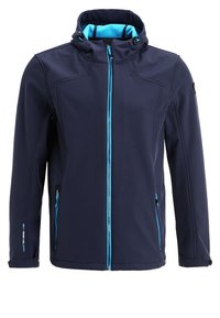 Veste softshell bleu marine à capuche avec fermeture éclair bleu vif, poches latérales zippées et bloque-cordons réglables pour la capuche.