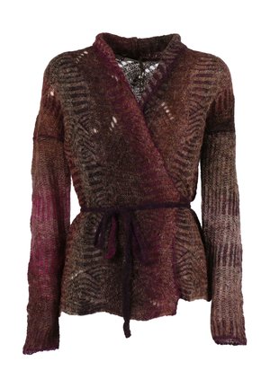 Cardigan avvolgente in tonalità di bordeaux e marrone, realizzato in tessuto a maglia strutturata; presenta ampie maniche e una cintura annodata in vita.