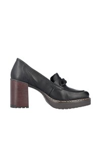 Chaussure à talon haut en cuir noir avec un bout arrondi, un détail de nœud décoratif sur le dessus, et un talon texturé en bois. Accents cousus sur la semelle.