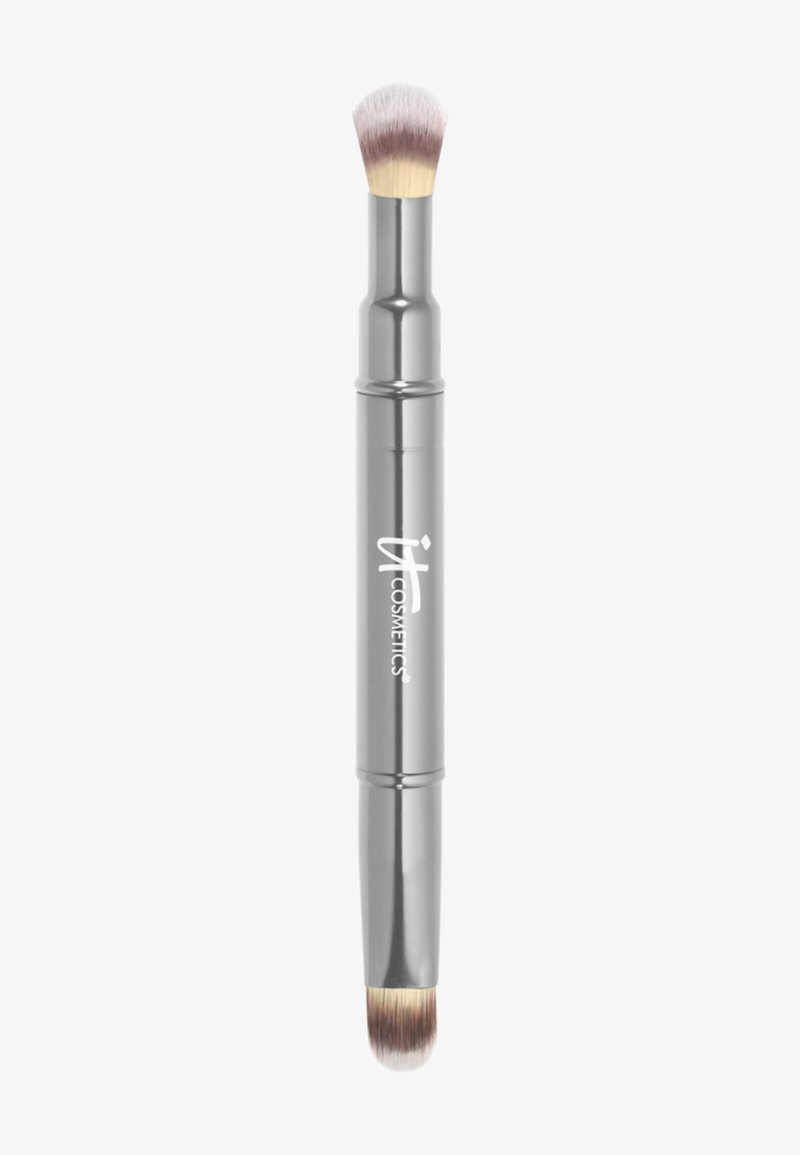 Dual-ended silver makeup brush with white and brown bristles, featuring it Cosmetics logo on the handle.