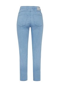 Blue denim trousers with a slim fit, featuring a mid-rise waistband and two back pockets. Material is soft with a light wash finish.