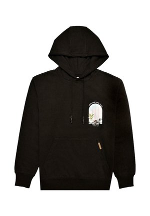 Musta huppari, joka on valmistettu puuvillasekoitteesta. Siinä on etutasku, naruilla säädettävä huppu ja rintakehässä on graafinen printti, jossa on kasvi ja raidallinen tausta.