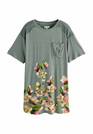 Green short-sleeve t-shirt with a floral print in pink and white. Features a lace detail on the shoulders and a chest pocket with branding.