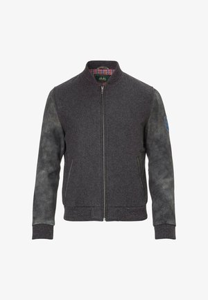 Gray wool bomber jacket with dark leather sleeves, ribbed cuffs and hem, front zipper, and plaid lining featuring a blue and green patch.