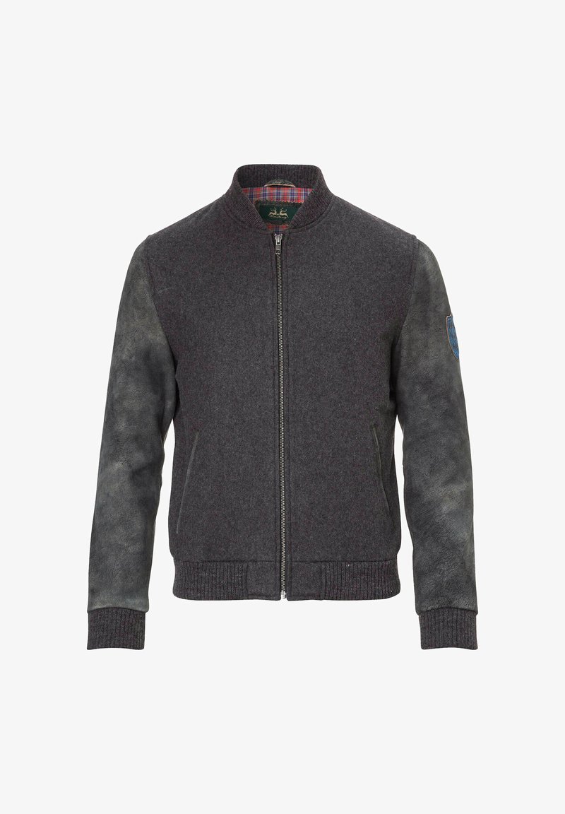 Graue Wollbomberjacke mit dunklen Lederärmel, gerippten Bündchen und Saum, Frontreißverschluss und kariertem Futter mit einem blau-grünen Patch.