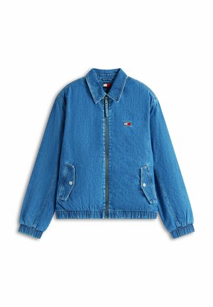 Blaue Denimjacke mit durchgehendem Frontreißverschluss, zwei aufgesetzten Klappentaschen mit Druckknöpfen, elastischen Bündchen und Saum sowie kleinem Tommy Jeans-Logo auf der Brust.