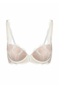 Semi-sheer beige bra with white floral lace embroidery, underwire cups, and adjustable shoulder straps on a white background.