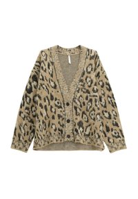 Cardigan beige con stampa leopardata nera, caratterizzato da un profondo scollo a V, quattro bottoni e un tessuto a maglia dalla trama. Design morbido e casual con maniche lunghe.