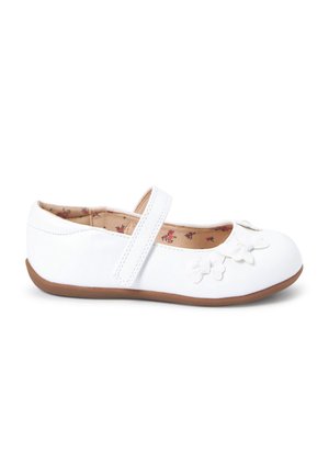 Witte Mary Jane kinderschoen met bloemenapplicaties, enkele band, bloemenprint voering en bruine zool, zijaanzicht.