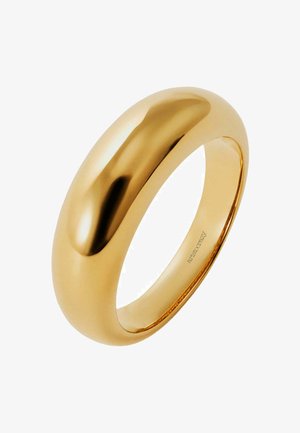 Anillo de banda liso en color dorado con un perfil redondeado y acabado pulido, que presenta un diseño sin costuras y grabado en el interior.