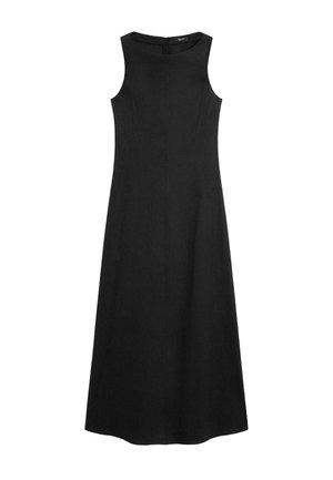 Sleeveless black midi dress with round neckline and fitted bodice, featuring subtle seam detailing and A-line skirt.