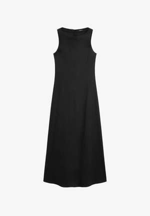 Sleeveless black midi dress with round neckline and fitted bodice, featuring subtle seam detailing and A-line skirt.