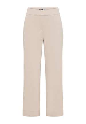 Pantalon beige pour femme, coupe droite, taille élastique et ourlets retroussés, adapté pour une tenue formelle ou décontractée.