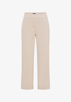 Beige damebukser med skræddersyet pasform, lige ben, elastisk talje og opsmøgede kanter, velegnet til både formel og afslappet påklædning.