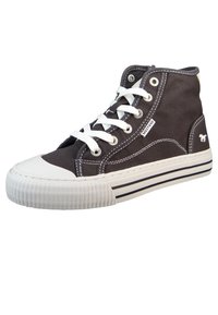 Wysokie sneakersy na płóciennej podeszwie w ciemnoszarym kolorze, z białymi sznurówkami, gumowym czubkiem i teksturowaną białą podeszwą z czarnymi paskami. Małe logo po boku.