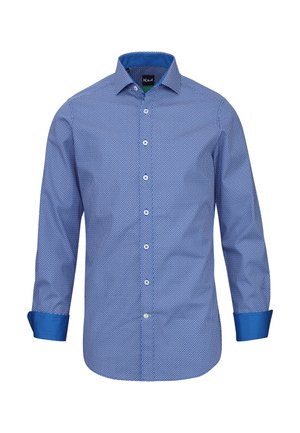 Camicia da uomo a maniche lunghe blu con piccolo motivo circolare bianco, foderatura del colletto e polsini in tinta unita blu a contrasto, davanti con bottoni, senza logo di marca visibile.