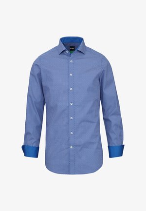 Camicia da uomo a maniche lunghe blu con piccolo motivo circolare bianco, foderatura del colletto e polsini in tinta unita blu a contrasto, davanti con bottoni, senza logo di marca visibile.
