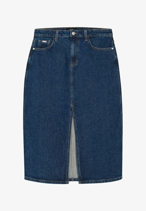 Spódnica dżinsowa w ciemnym niebieskim kolorze z przednim rozcięciem, pięcioma kieszeniami i zapinana na guziki. Posiada szlufki na pasek i prosty krój.