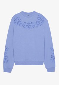 Felpa azzurra con design floreale ricamato sul davanti e sulle maniche. Presenta un colletto rotondo e polsini a costine. Morbido al tatto.