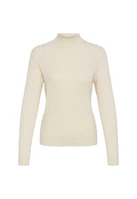 Maglione color crema con collo alto e motivo a trecce, dotato di maniche lunghe e silhouette aderente. Morbida consistenza e polsini a coste.
