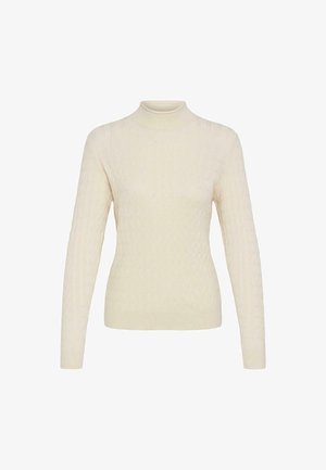 Pulover crem cu guler înalt, cu un model de tricotat în cabluri, având mâneci lungi și o siluetă ajustată. Textură moale și manșete strâmte.