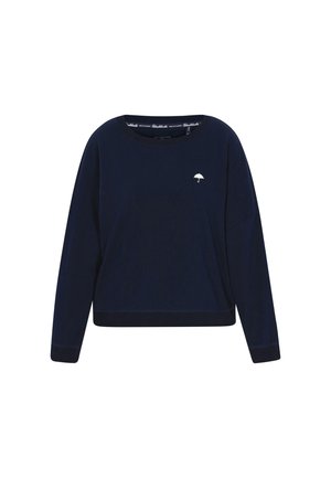 Pulover bleumarin cu guler rotund, mâneci lungi și broderie mică cu o umbrelă albă pe partea stângă a pieptului. Textură moale.