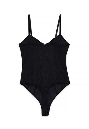 Body in pizzo nero con spalline regolabilli e scollatura tonda, progettato per una vestibilità aderente e una silhouette liscia.